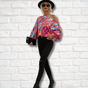 Off-the-Shoulder Retro Print Blouse